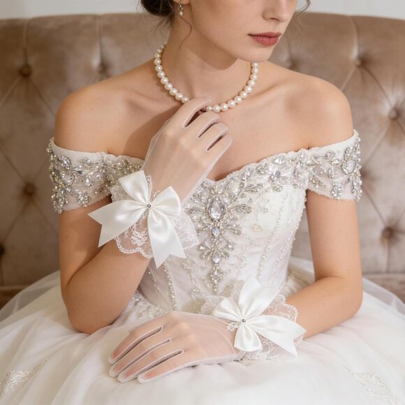 Women's White Lace Short Wedding Ruffled Tulle Mitten Imported Polyester Gloves - Picture 2 of 7